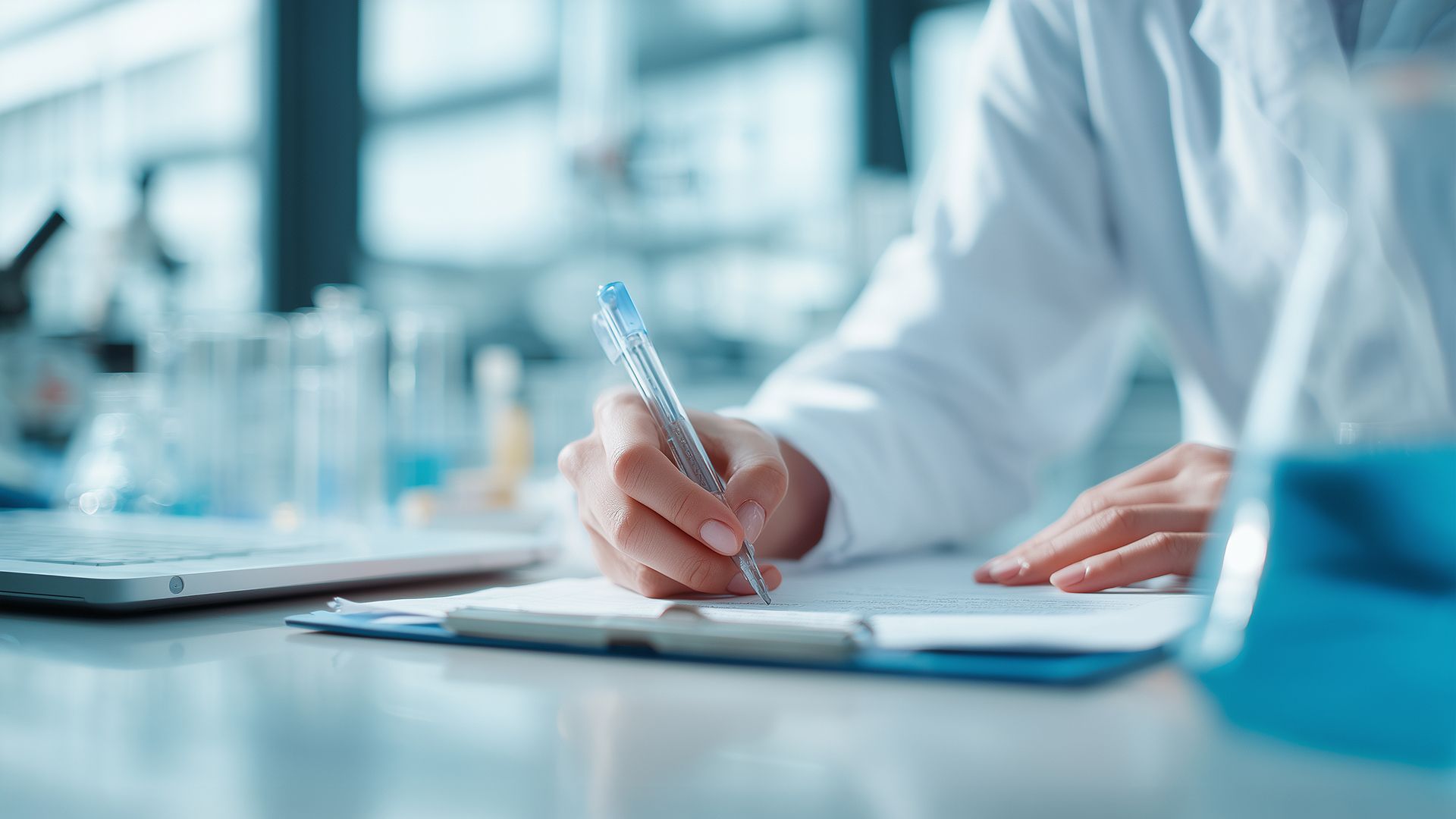 Nahaufnahme einer Labormitarbeiterin/eines Labormitarbeiters im weißen Kittel, die/der auf einem Klemmbrett Messwerte dokumentiert. Im Vordergrund liegt eine Pipette, im Hintergrund sind unscharf Laborgefäße zu sehen. Ideal zur Visualisierung von GMP-konformer Qualitätskontrolle, Prüfberichten und auditfähiger Rückverfolgbarkeit. Nahaufnahme einer Labormitarbeiterin/eines Labormitarbeiters im weißen Kittel, die/der auf einem Klemmbrett Messwerte dokumentiert. Im Vordergrund liegt eine Pipette, im Hintergrund sind unscharf Laborgefäße zu sehen. Ideal zur Visualisierung von GMP-konformer Qualitätskontrolle, Prüfberichten und auditfähiger Rückverfolgbarkeit.